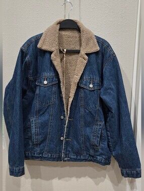 Men's Dark Blue Denim Sherpa-Lined Jacket - Classic Warm Coat
